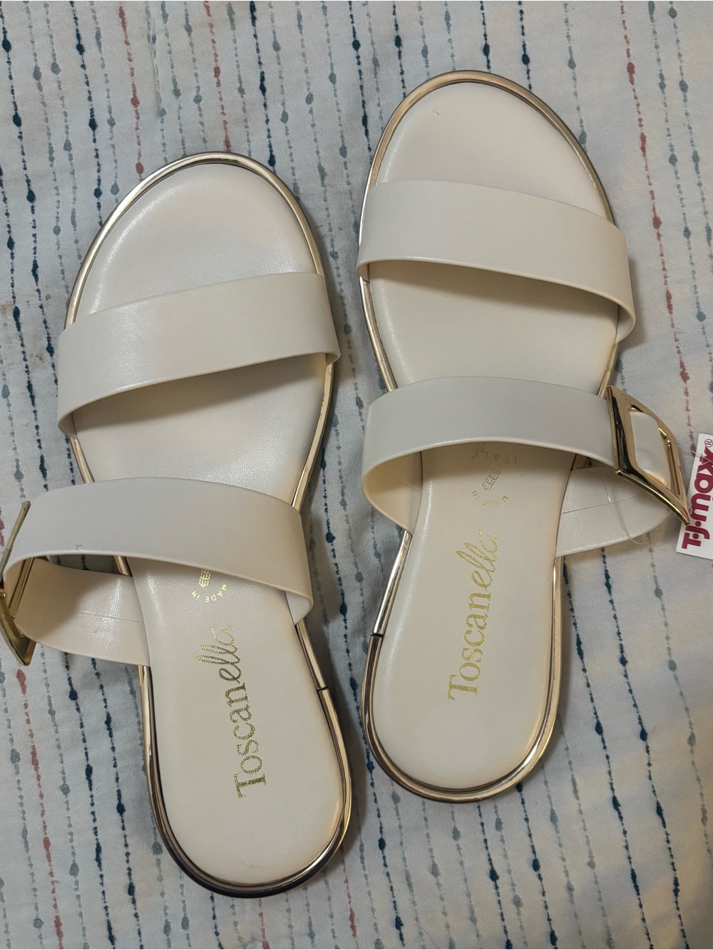 Toscanelli Cream Double-Strap Slide Sandals with Gold Trim - new with tags